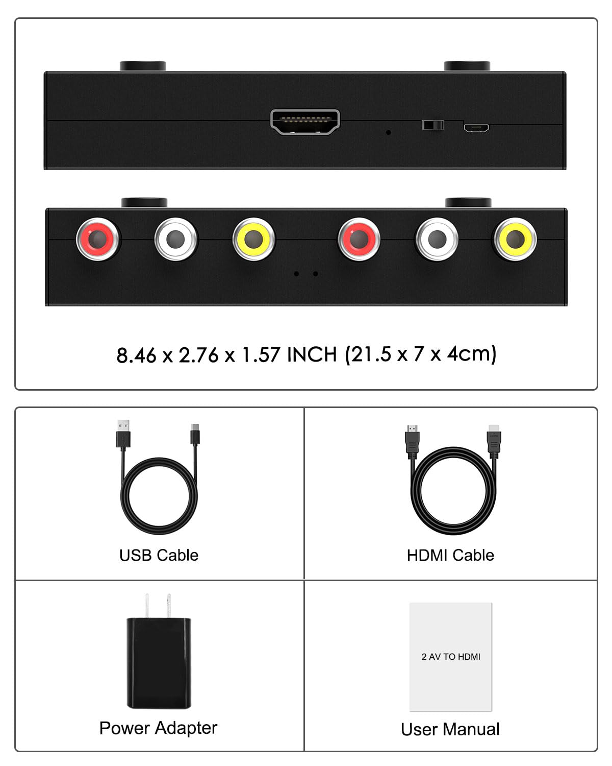 Convertidor RCA a HDMI de 2 puertos, convertidor dual AV a HDMI compatible con adaptador compuesto 16:9/4:3 a HDMI, compatible con 1080P PAL/NTSC compatible con Sega/Xbox/PS1/PS2/PS3/WII/N64/VHS, VCR