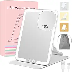 Espelho de maquiagem de viagem 15X com luzes, recarregável portátil 1X espelho de maquiagem com espelho de aumento de 15x, espelho de maquiagem dobrável iluminado com suporte ajustável, iluminação em