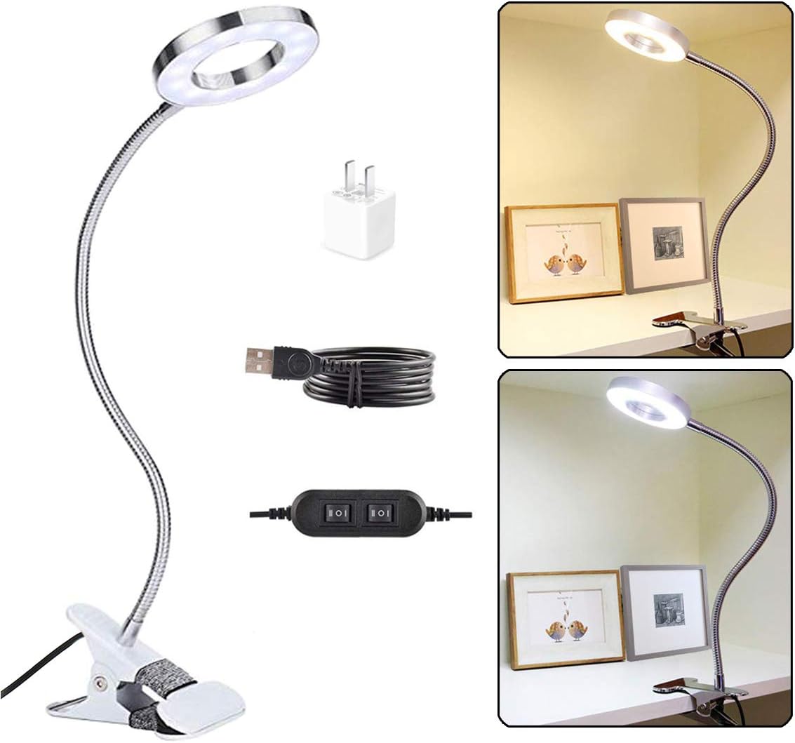 7W Clip on Light, LED Clip On Lamp, USB Reading Book Light, Bed Lamp,Desk lamp, Warm Light and White Light