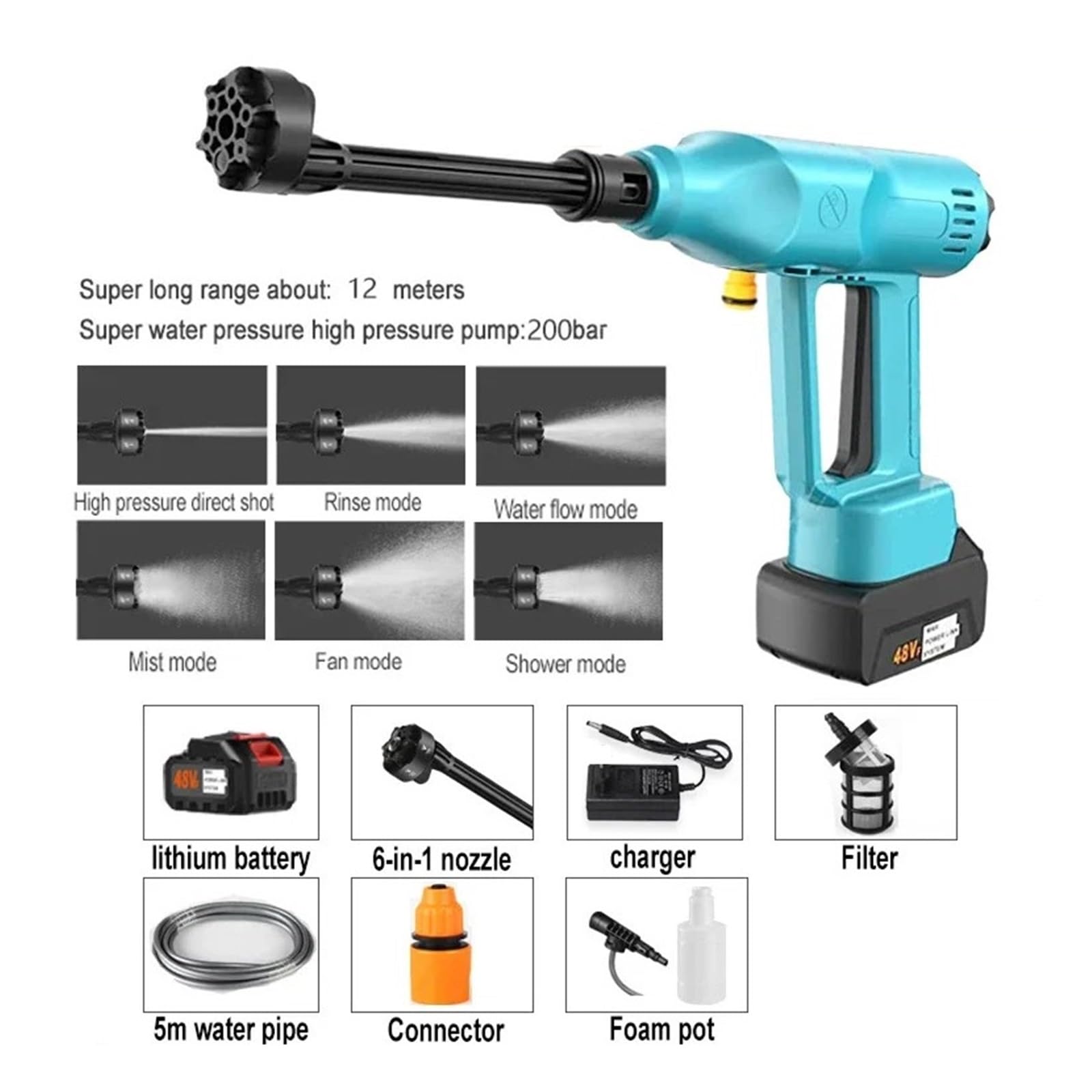 Lavadora De Coches Eléctrica 200Bar, Pistola Agua Lavado Alta Presión, Motor Sin Escobillas, Limpiador Inalámbrico, Boquilla Ajustable Potente Chorro A PresióN
