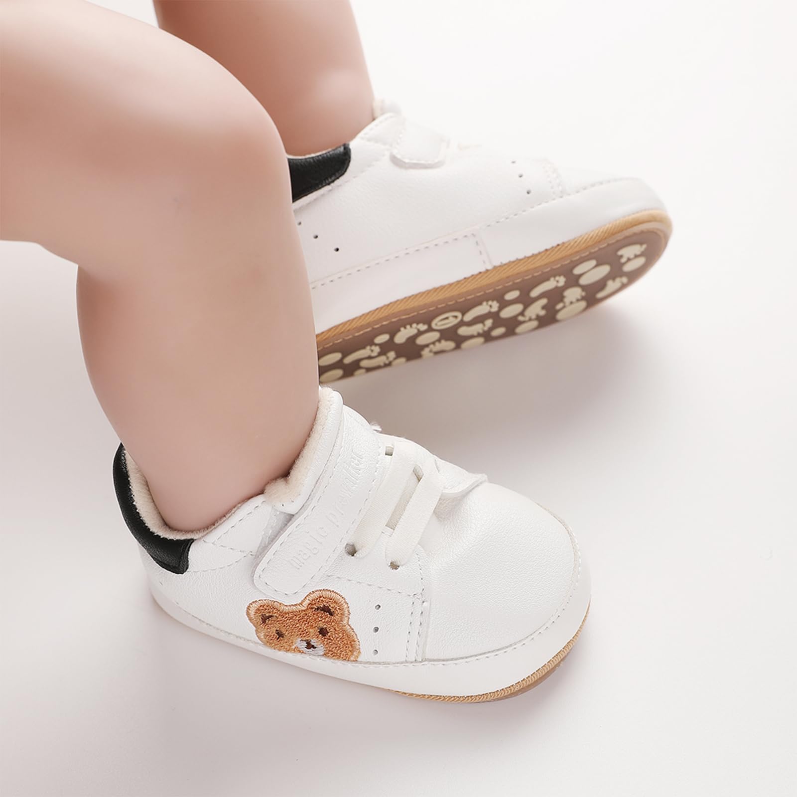 Infant Baby Boys Girls Moccasins Sneakers Bear Embroidery Soft Sole Flat PU Leather Anti-Slip Prewalkers Pram Toddler Trainers Run First Walker Shoes for 0-18 Months - 3