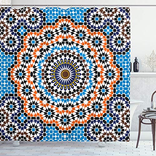 Preisvergleich Produktbild ABAKUHAUS Marokkanisch Duschvorhang, Marokkanische Keramik-Fliese, Stoffliches Gewebe Badezimmerdekorationsset mit Haken, 175 x 200 cm, Orange und Blau