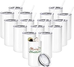 YOUKE OLA 16 Pack Sublimation Tumblers Blanks Bulk Sublimation Cups Skinny Straight Tumbler Stainless Steel Double Wall Insulated Water Bottles with Lid & Straw for DIY Gift, 12oz White