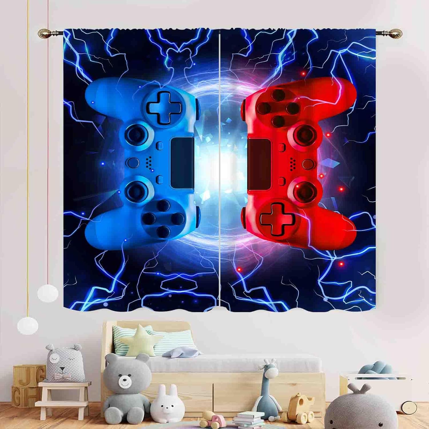 Gaming Curtains for Boys Room, Cooling Blue Red Flash Game Controller Gamer Window Drapes for Boys Kids Teens Living Room Bedroom Playroom Decor Gamepad Video Game Room 2 Panels, 42"x54" Inch