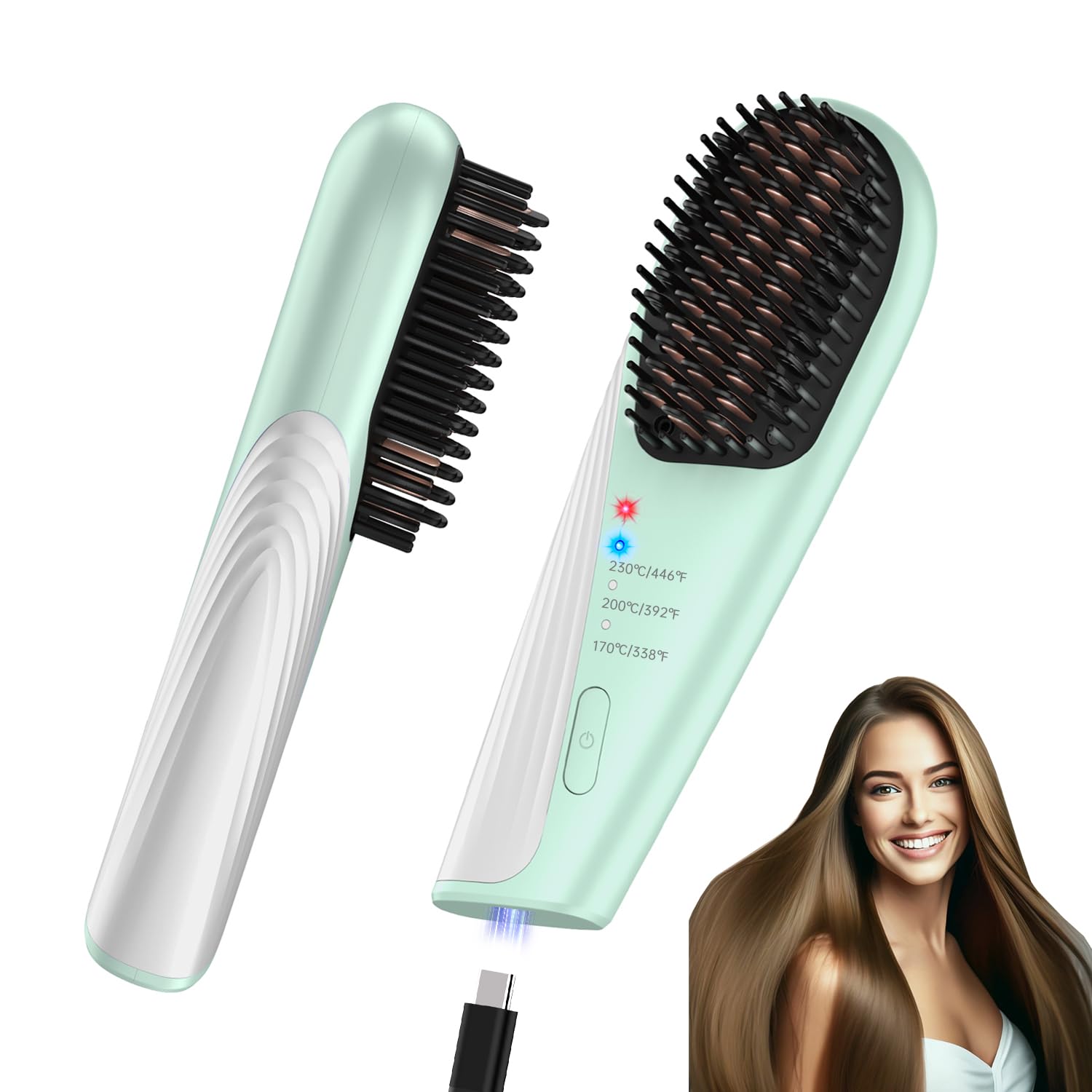 Go Brush Pro Cordless Hair Straightener Brush - Portable Travel-Friendly, 30s Quick Heat, 10000mAh USB-C Rechargeable, 150M Negative Ions (Green(10000mAh))