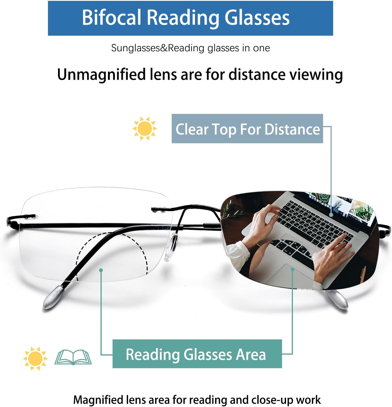 Rimless Photochromic Bifocal Reading Glasses Blue Light Blocking Readers Lightweight Transition Sunglasses Man Woman - Image 4