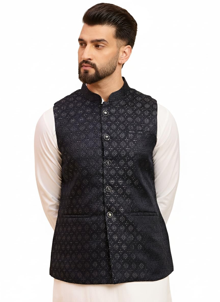 amazon brand - tavasya Men Midnight blue geometric printed Jacquard Nehru Jacket (HOPMJ0308_XL)-picture-10
