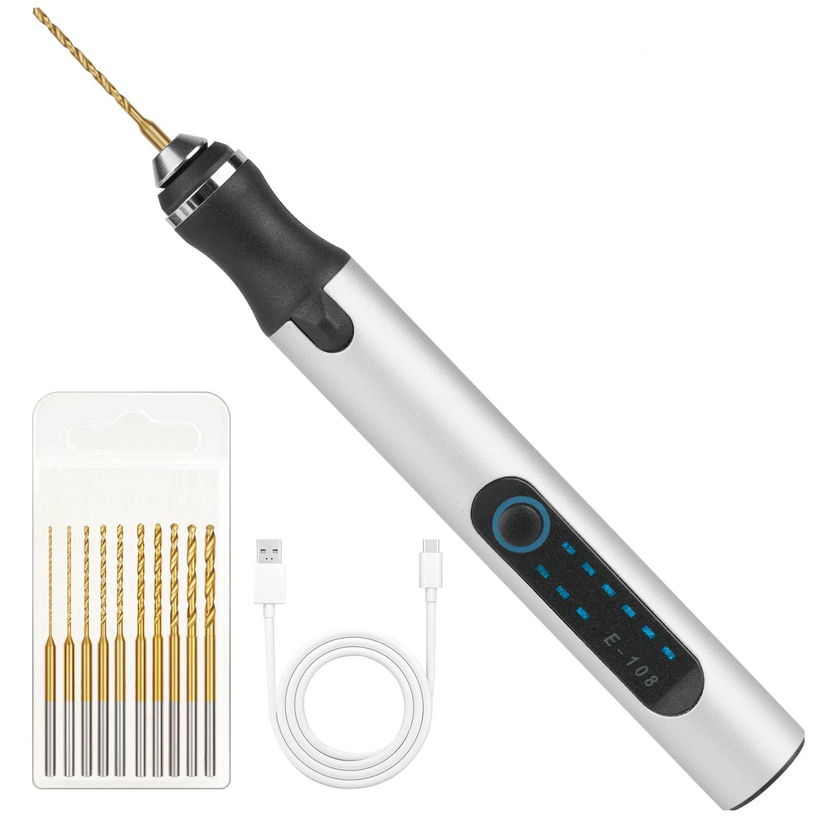 Ainiv 3-Speed Electric Mini Drill Pen, USB Charging DIY Electric Hand Drill, with 10 Small Drill Bits, Micro Drill Set, for Wood Resin Plastic Keychain Pendant Earring Jewelry Making, Silver — image 1