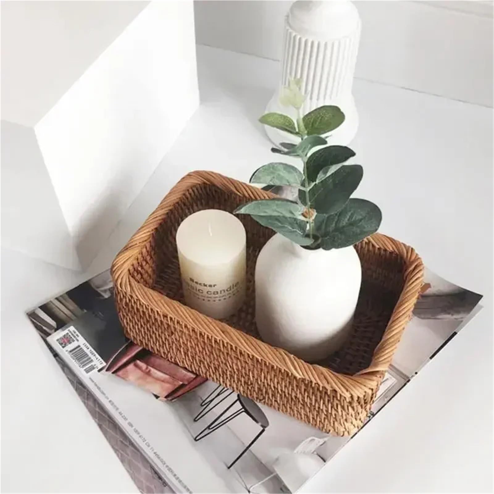 Handwoven Rectangular Rattan Wicker Basket Fruit Tea Snack Bread Picnic Storage Box Kitchen Supplies pour l'organisation de la Maison(30x20x9cm)