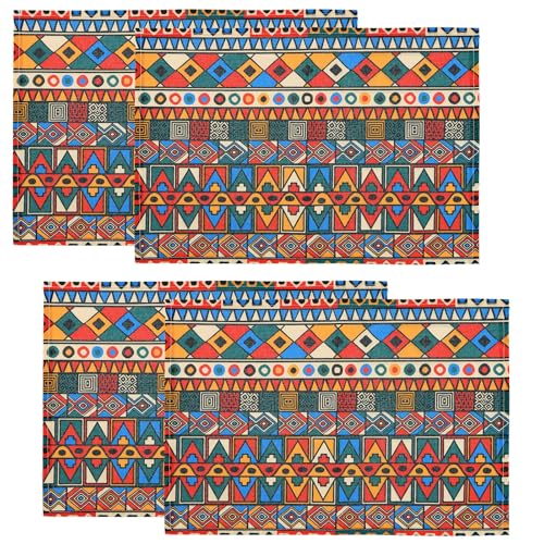 Paquete de 4 Manteles Individuales Étnicos de Lino Premium, Decorativos, con Estampados Geométricos Coloridos, 30 x 45 cm, Lavables, Ideales para Cocina, Comedor, Fiestas y El Hogar