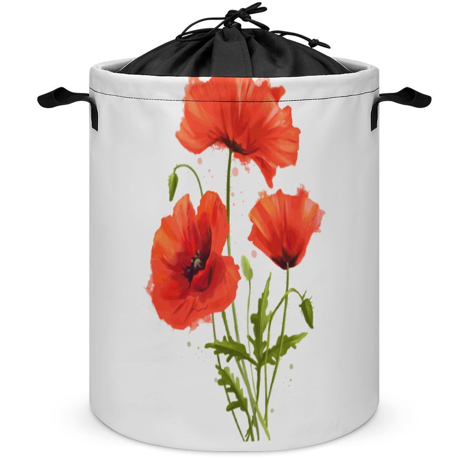 Wlntrophic Drawstring Laundry Hamper, Red Poppy Laundry Basket, Washing Basket with Handle
