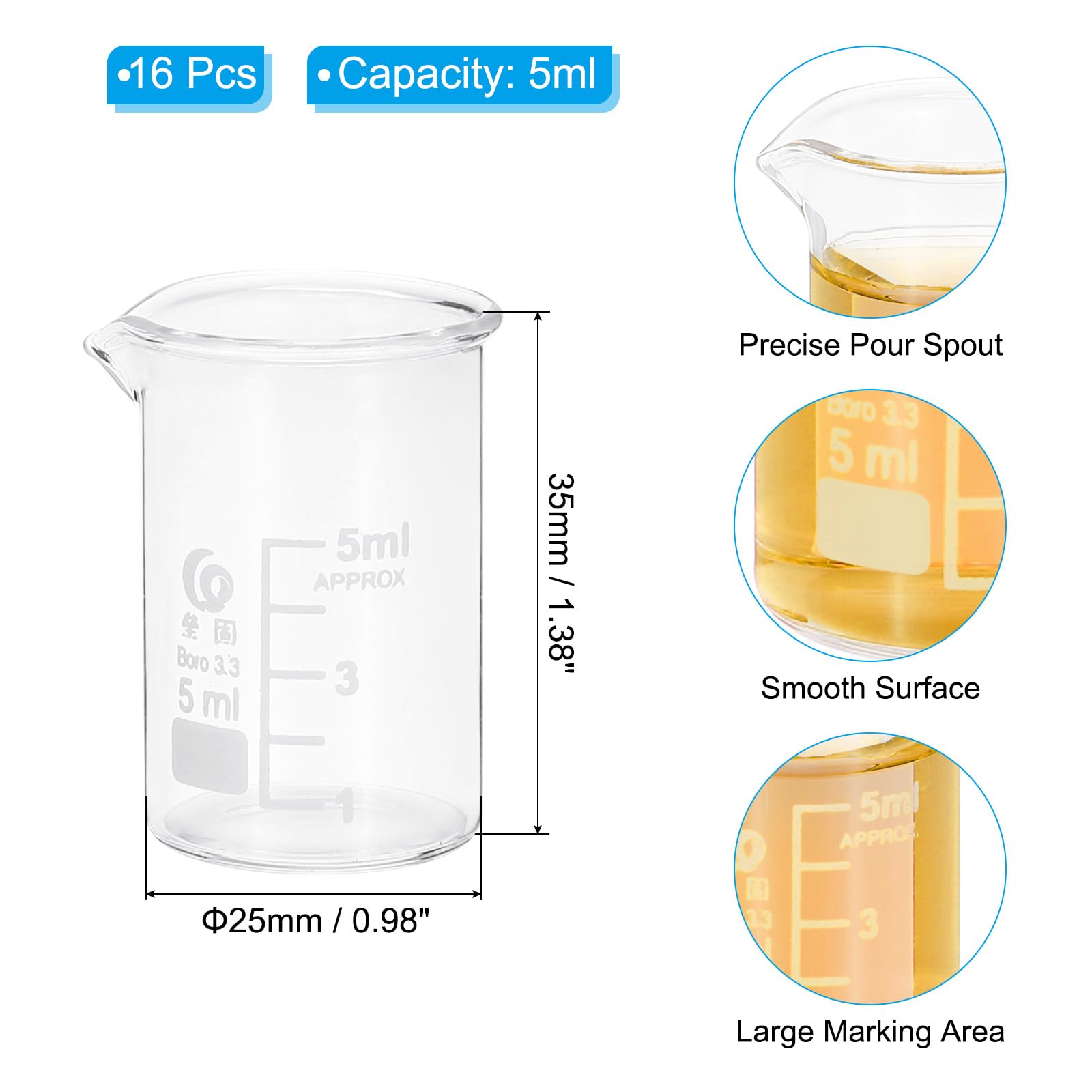 PATIKIL 5ml Low Form Measuring Cup, 16 Pcs 3.3 Borosilicate Glass Beaker Graduated Measuring Pitcher with Spout for Lab Experiment, Cooking and Baking, Clear