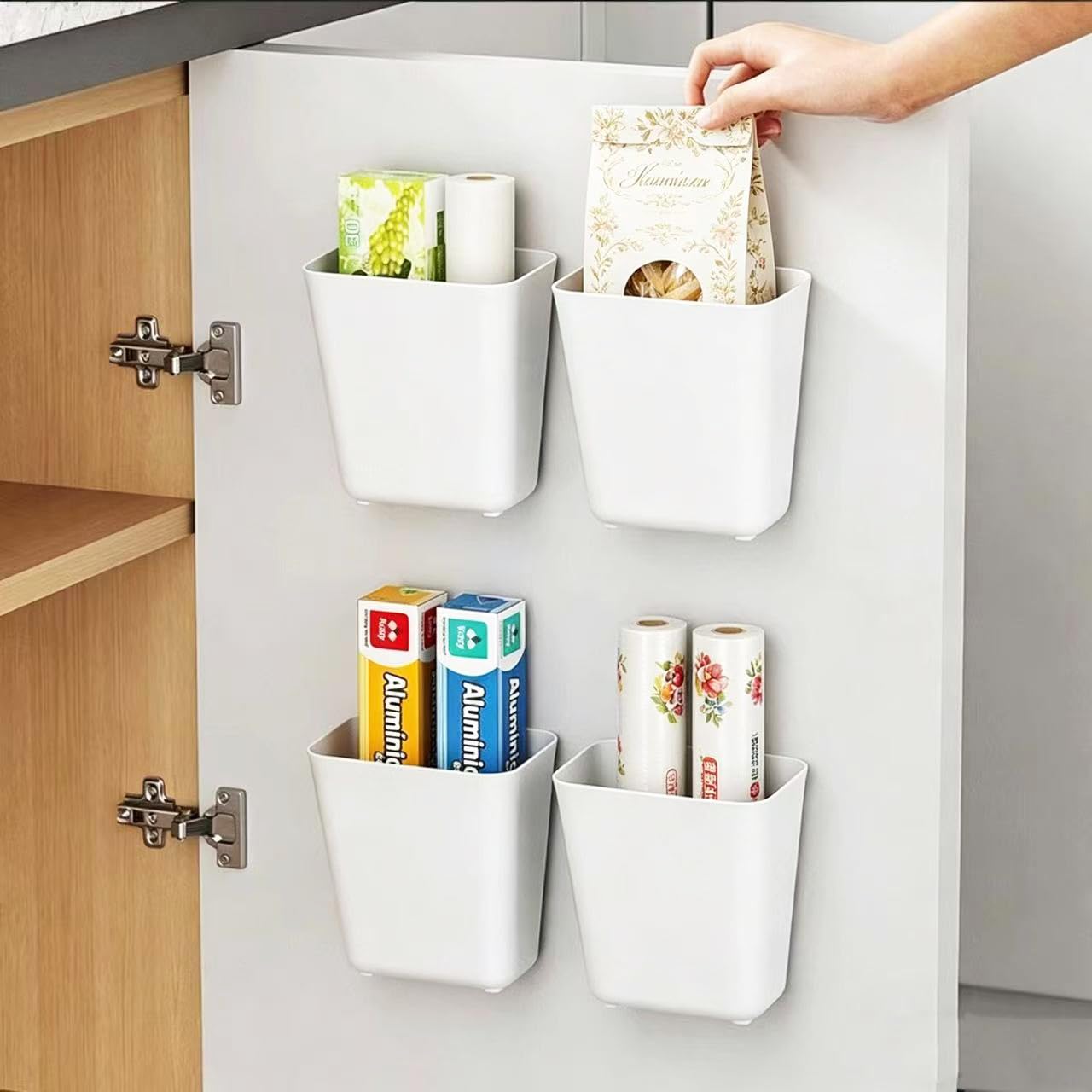 Mitumormor Pack Of 4 Self-Adhesive Wall Mounted Storage Box, Bathroom Organiser, Kitchen Cabinet Door Storage Box, Small Items Organiser For Cupboard, Bathroom, Fridge
