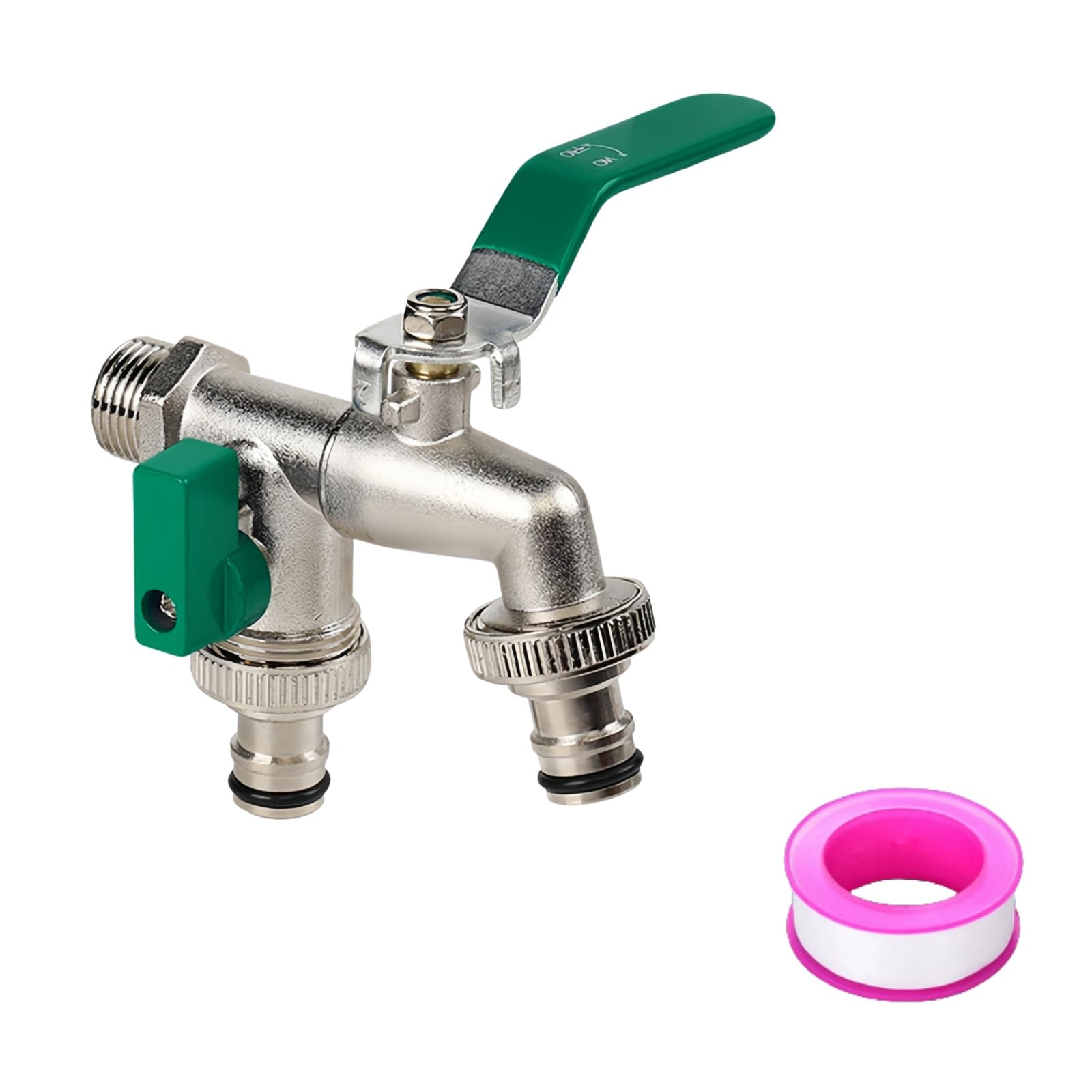 MxSplorion Double Outlet Garden Tap, G1/2” Inlet Outdoor Water Faucet with 2 G3/4” Outlets, 2 Way Ball Valve Outside Faucet, Rustproof Antifreeze, for Outdoor Connection Hoses/Domestic, Green