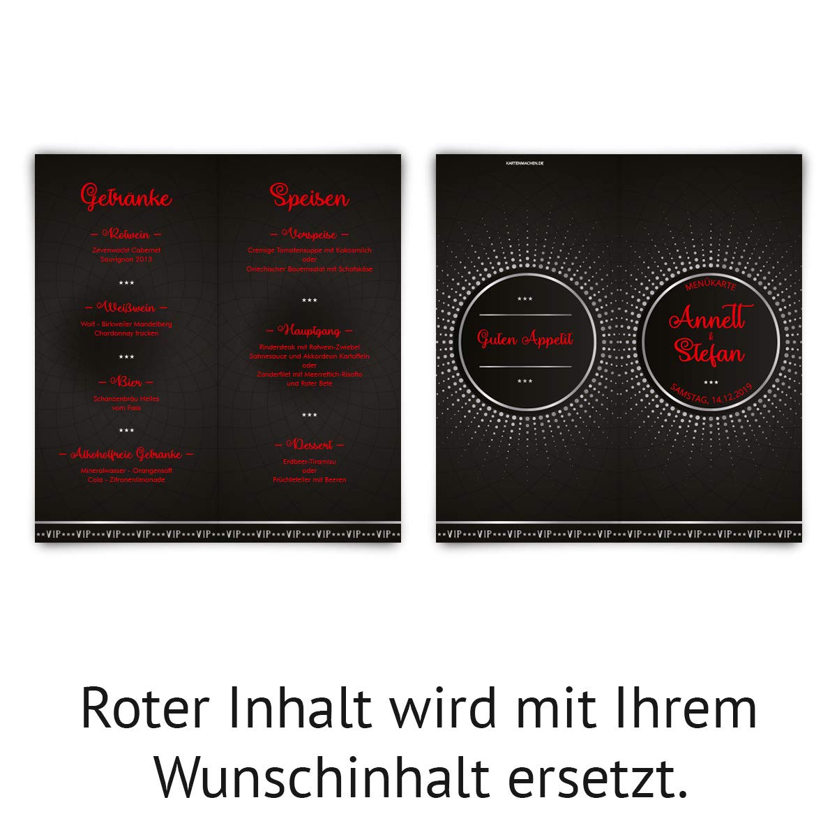 30 x Hochzeit Menükarten individuell Text DIN Lang Klappkarte - Schwarz/Silber VIP