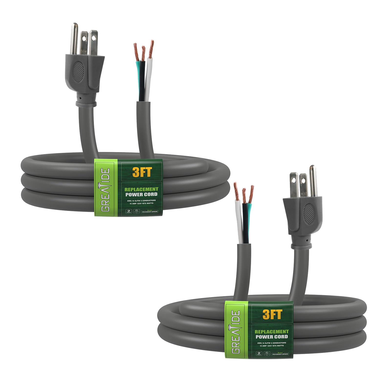 GREATIDE Industries Inc 3-Wire Appliance and Power Tool Cord, 3 ft, 14 AWG, 15A/125V AC, 1875w, Grey, 2pack
