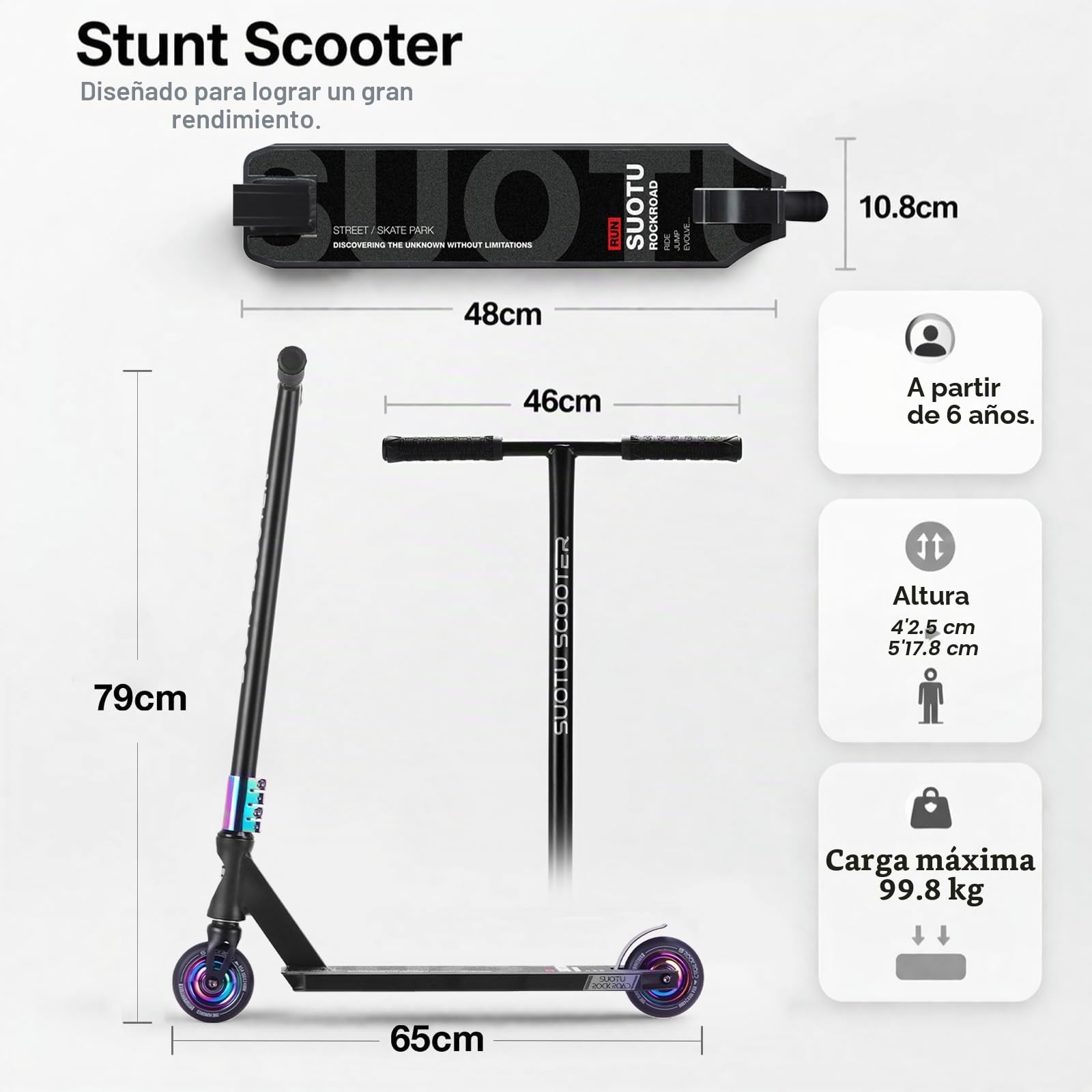 Patinete Freestyle, Dirección de 360°, Ruedas de PU de 85A 100 mm, Scooter Freestyle para Niños Adolescente y Adultos, Capacidad Máxima de Carga: 100 kg, Aluminio