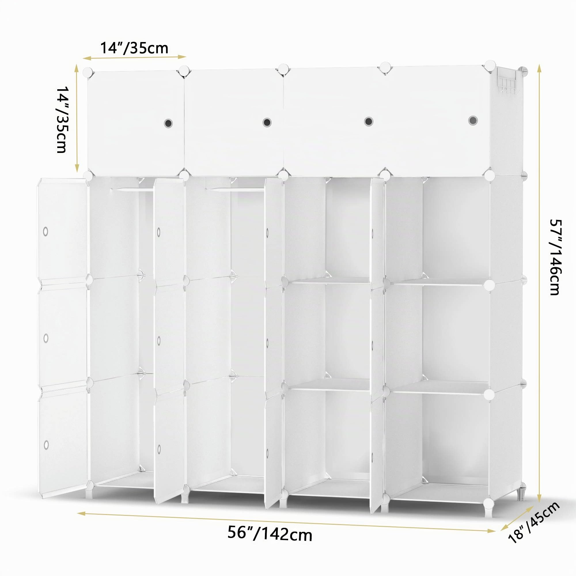 HOMIDEC Armario Modular con Puertas, Armario de Ropa de 16 Compartimentos para Dormitorio, Guardarropa portátil con 3 Barras para Colgar, Blanco
