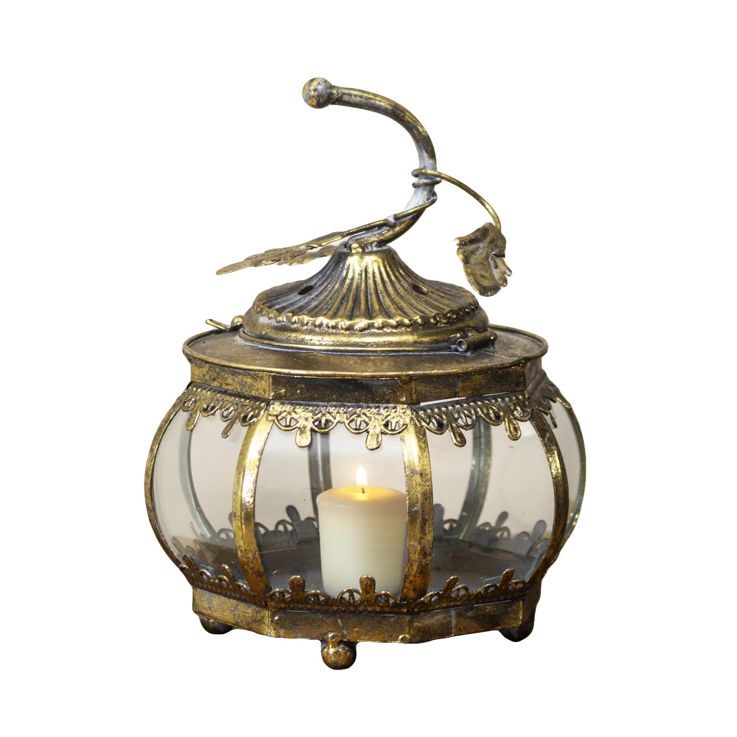 Antique Gold Pumpkin Candle Lantern Vintage Glass Metal Pillar Candle Holder