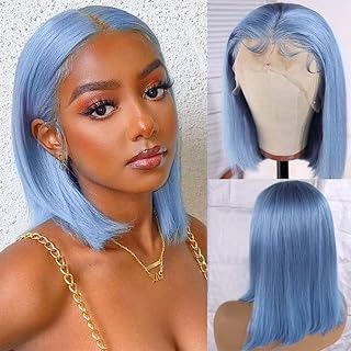 16Inch 13x4 Lace Front Bob Wig Light Blue Human hair 180% Density Brazilian Hair Pre Plucked With Baby Hair HD Transparent Lace Frontal Wig Bleached Knots Straight Glueless Blue Bob Wigs for Women