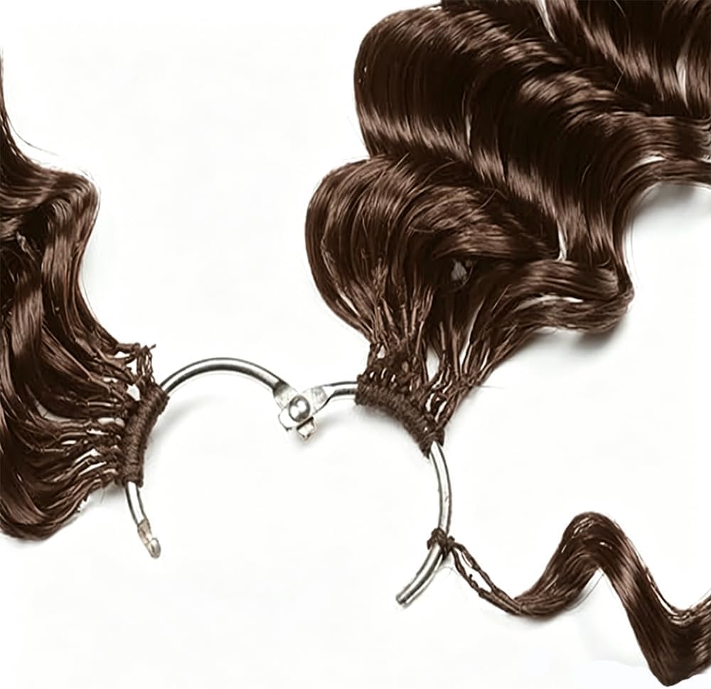 Extension di capelli umani all'uncinetto, con piume, 71 cm, 60 g, 40 ciocche, colore castano cioccolato, morbidi, leggeri, ondulati profondi, capelli umani all'uncinetto