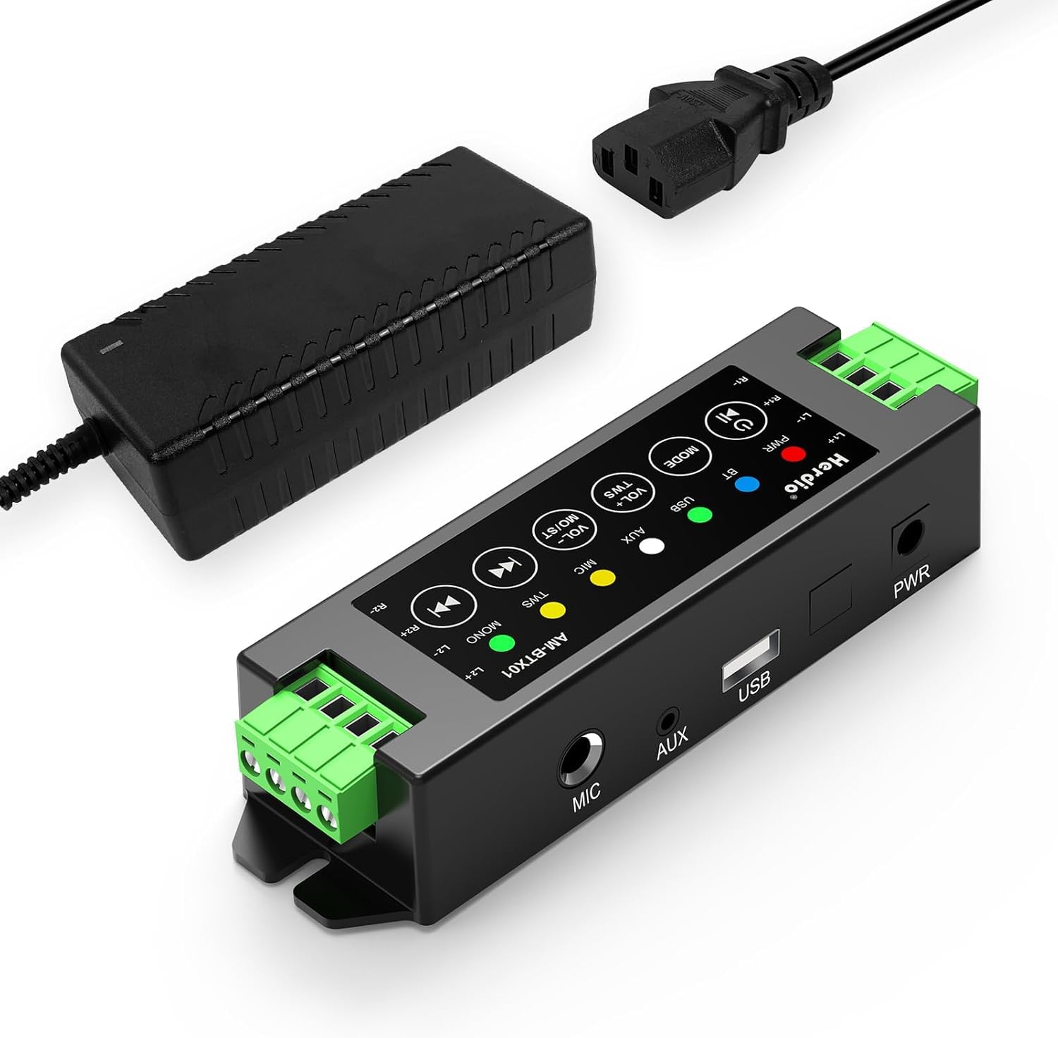 Herdio Amplificatore a 4 canali Bluetooth 5.0 Amp Ricevitore 200 W di potenza di uscita con alimentatore di rete 24 V5 A, montaggio a parete, USB/MIC/AUX/TWS, per casa, garage, soffitto, altoparlante