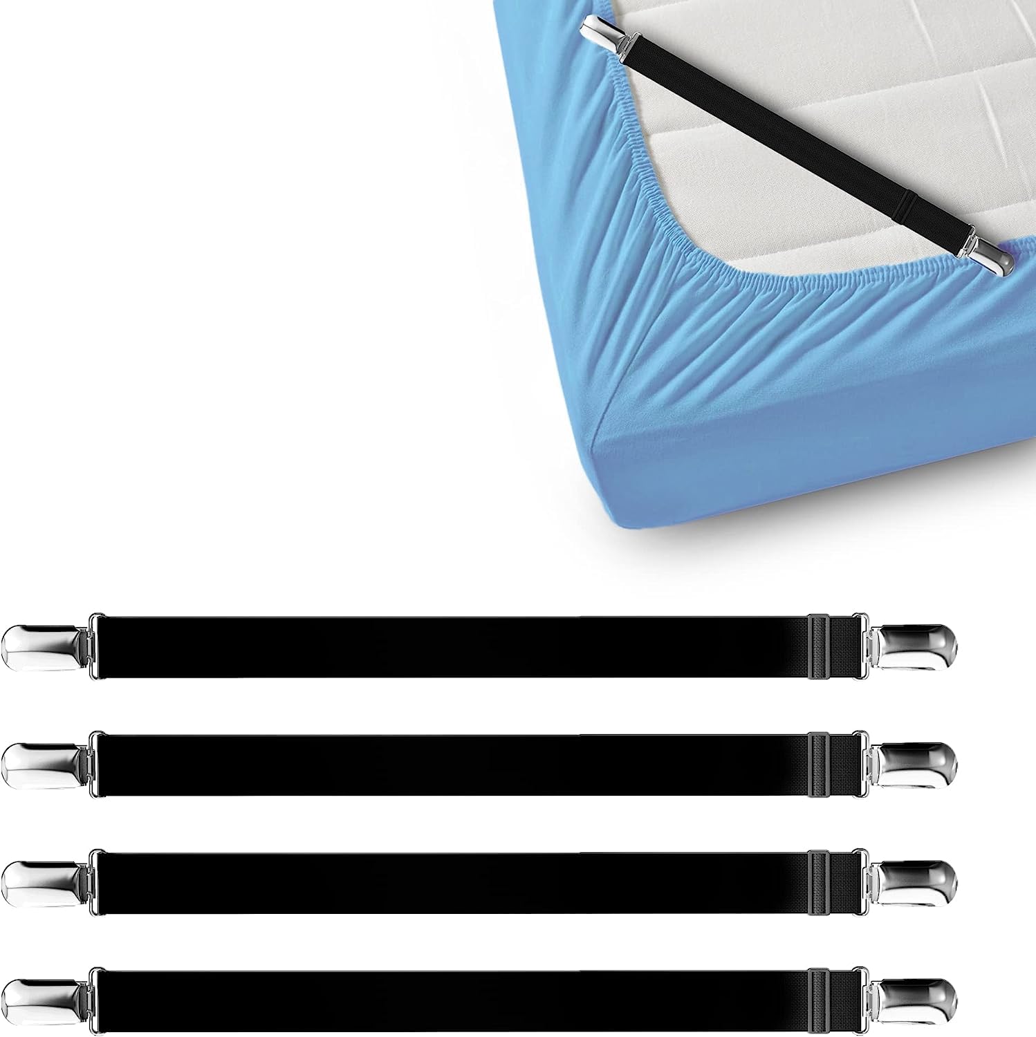 GOTOTOP 4Pcs Adjustable Bed Sheet Straps Elastic Bed Sheet Clip Fasteners Straps Elastic Holder Fixing Clamp,for Sheet, Mattress, Blankets Sofa Cushions, Table Cloth
