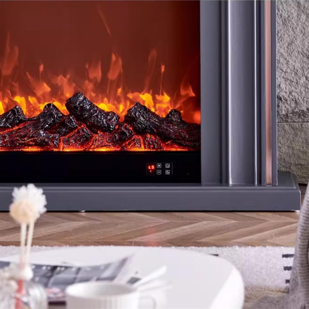 Elektryczny piec kominkowy 47,2" Wolnostojący Szary Elektryczny Kominek z Dębowym Płaszczem, Realistyczny Płomień Nowoczesny Dekoracyjny Kominek Kominek dekoracyjny
