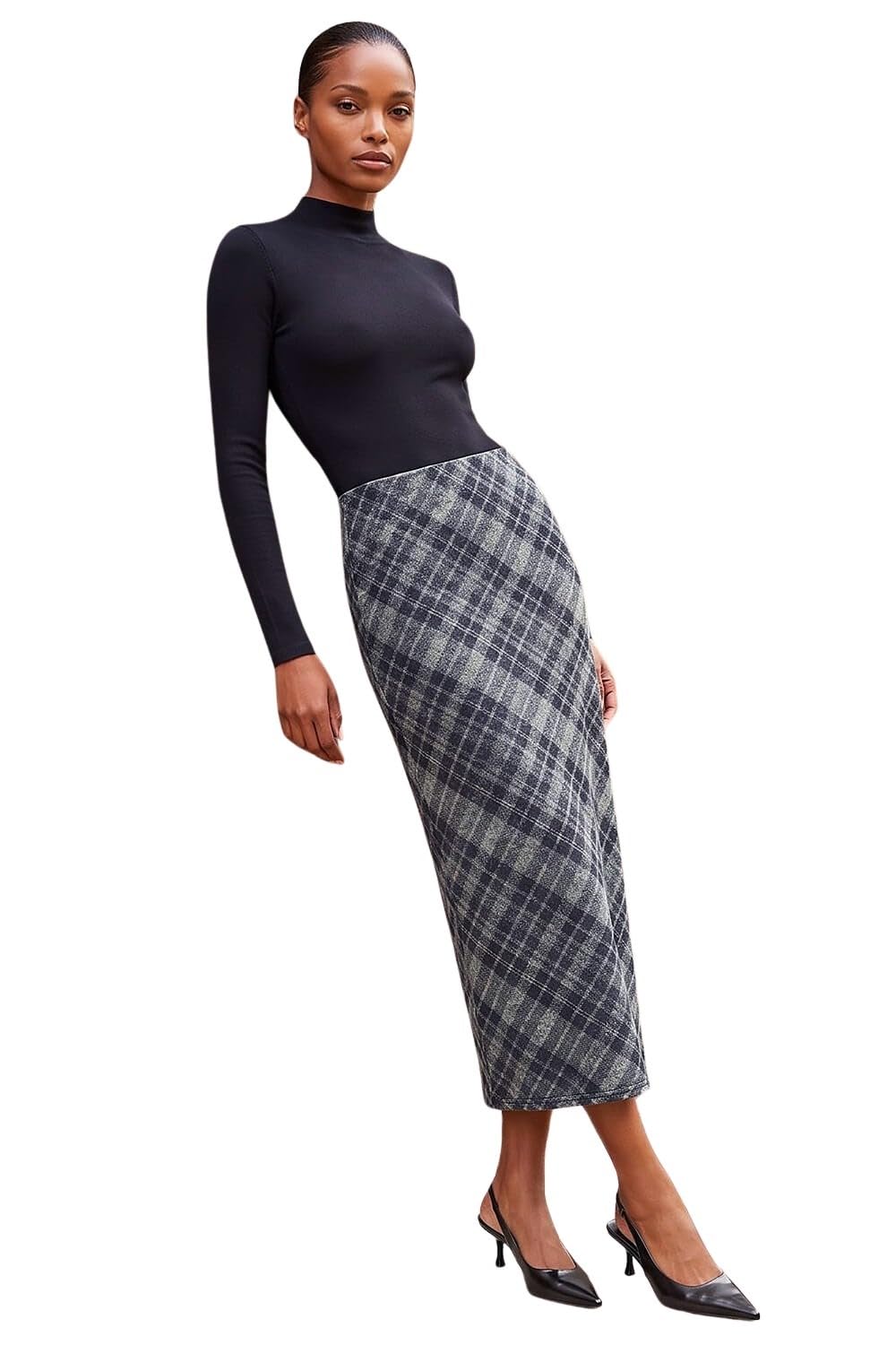 Roman Originals Women's Dark Grey Check Shadow Panel Skirt For Uk - Everyday Autumn Winter Comfy Soft Evening Vacation Work Party Night Out - Size 14