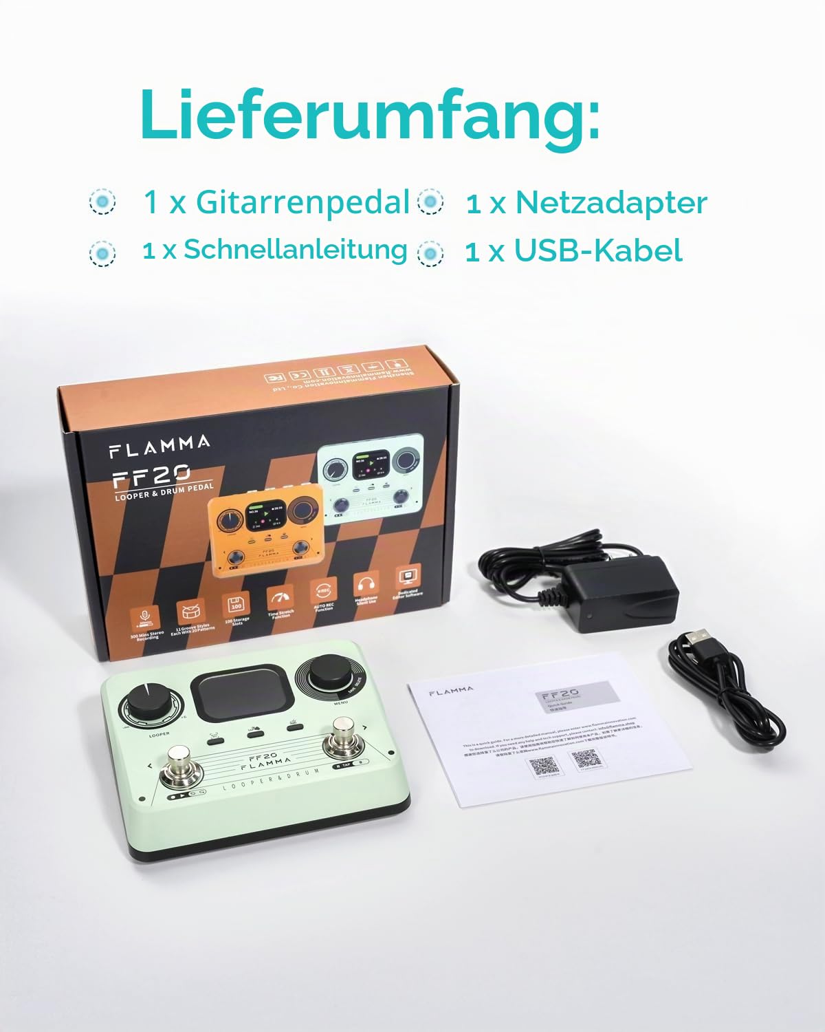 FLAMMA FF20 Looper-Pedal mit integrierter Drum-Maschine – 300 Min Stereo-Aufnahme, 220 Drum-Grooves, 100 Speicherplätze, Time-Stretch, Auto-Record, USB & Kopfhörerausgang – für Gitarre & Bass