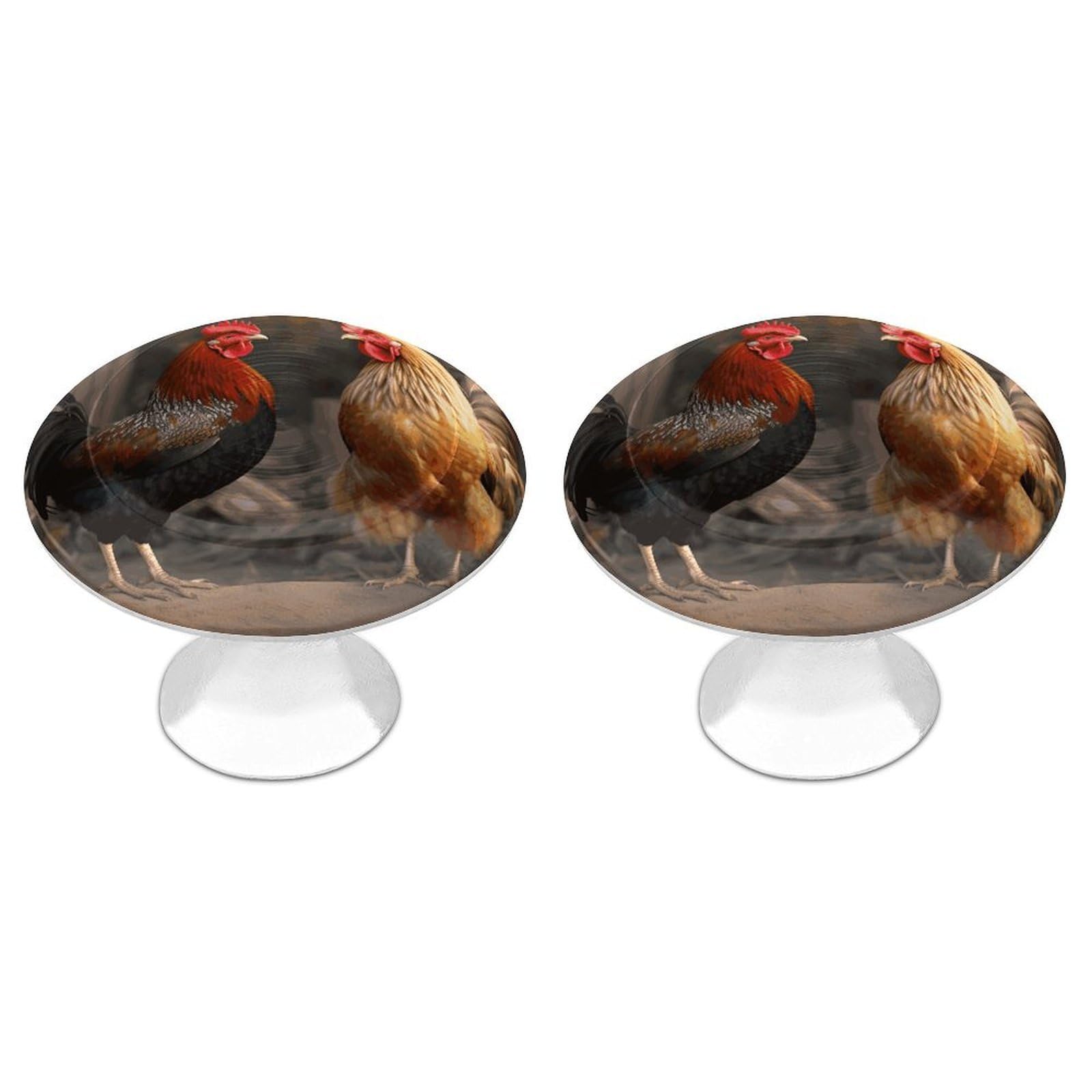 FekiLoot Rooster and Chicken Cabinet Knob 2 Pack Mini Round Drawer Pulls Stainless Steel Dresser Drawer Knobs Kitchen Drawer Hardware for Bathroom Dresser Closet Door Knobs