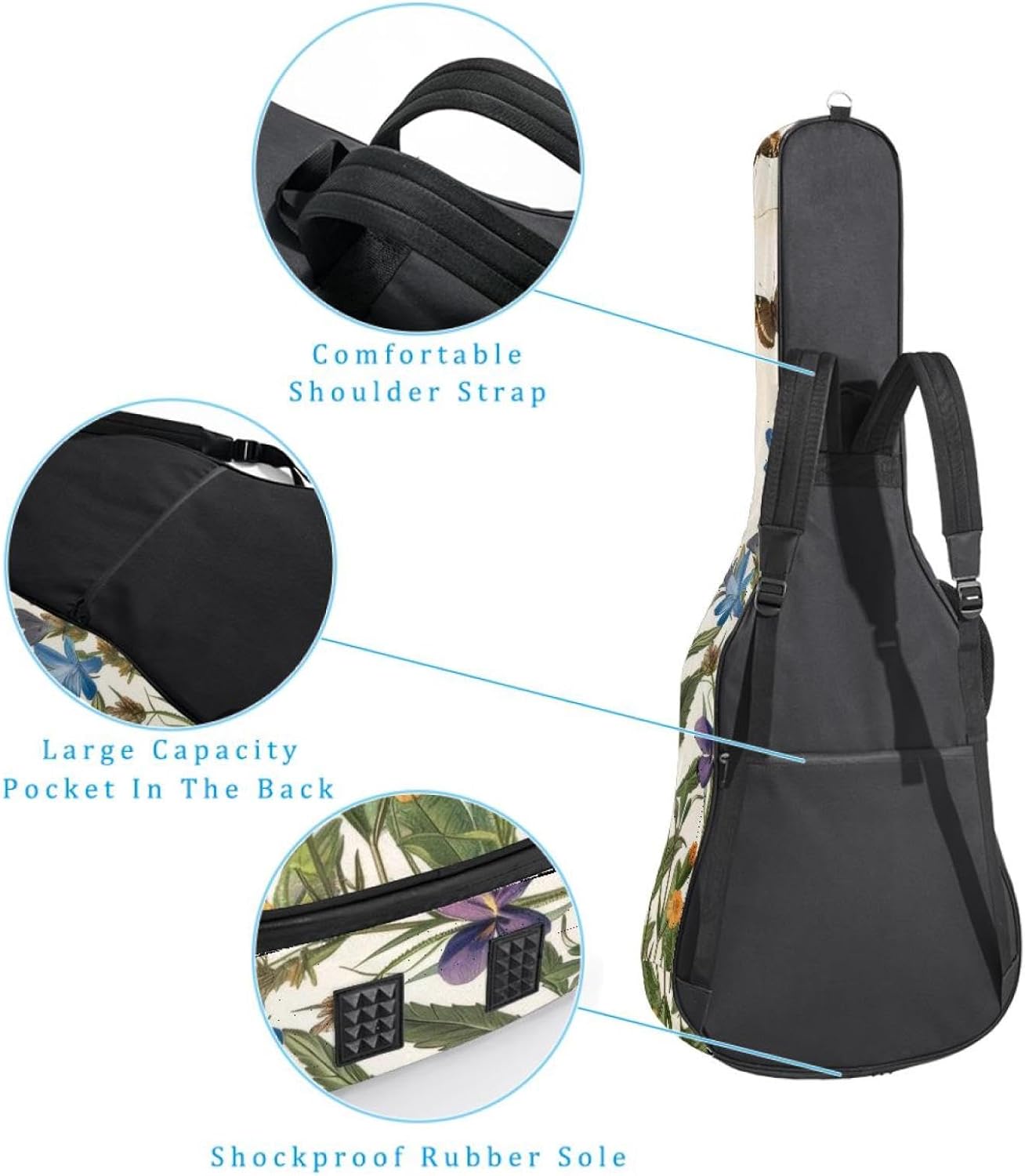 Acoustic Guitar Bag, 40 41 42 Inch Guitar Case Cover Soft Guitar Gig Bag for Acoustic Electric Bass Classical Guitar, Butterflies Wildflowers Floral Herbs