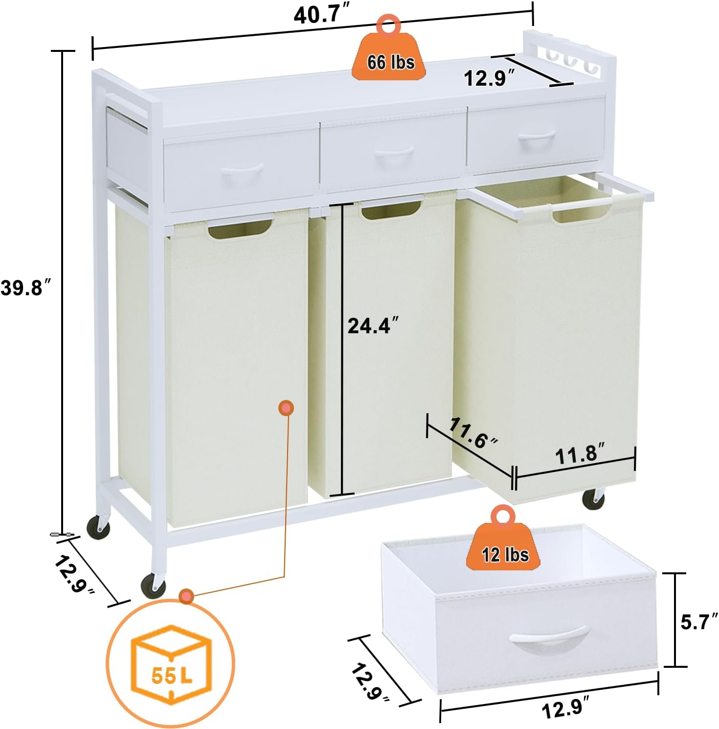 Timberer Laundry Hamper, Laundry Sorter 3 Section, Rolling Laundry Basket with Wheels, 3 Drawers, 3 × 14.5 Gal (55 L), Pull-Out and Removable Oxford Fabric Bags, White and Beige