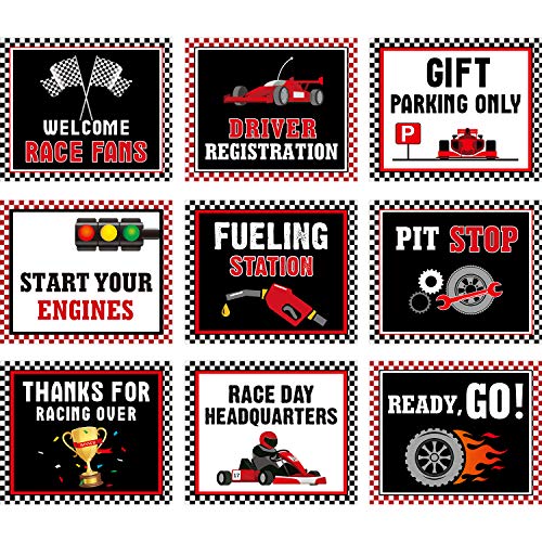 Racing Car Party Decorations, 10-11.8 Inch Laminated Racing Signs, Racing Themed Party Signs, Racing Cutouts with 40 Glue Point Dots (9 Pieces, Racing Signs Black)