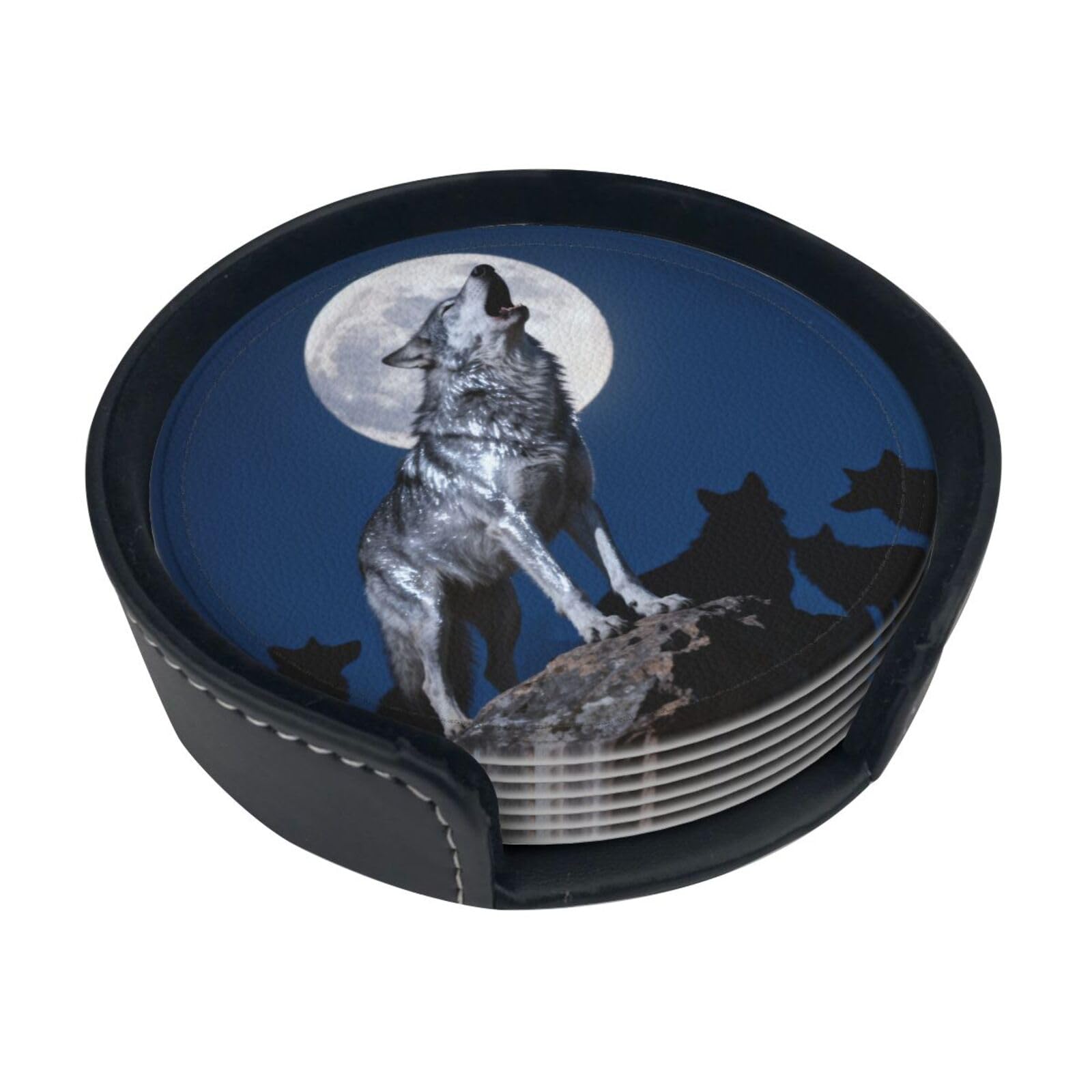 Cntdbu White Wolf King Howl Leather Coasters Set Of 6-Pu Leather Drink Mats For Table, Heat Resistant Round Coasters With Holder