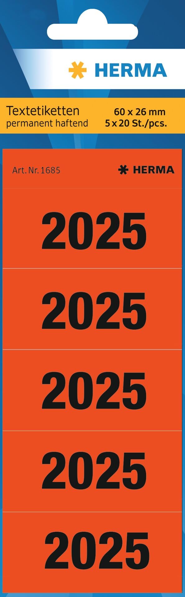 HERMA 1685 Year Numbers Stickers 2025 for Folders, Pack of 100, 60 x 26 mm, 5 per Sheet, Self-Adhesive, Opaque Text Labels, Matt, Paper Adhesive Labels Stickers, Red