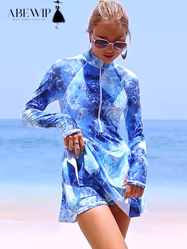 RASHwetsuitsロンスプ ABEWIP Women's Long Sleeve Rash Guard Zipper Printed One-Piece