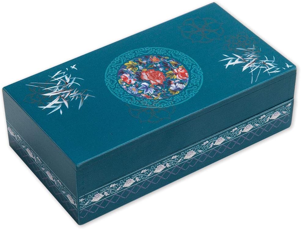 Bits and Pieces 8 Step Secret Puzzle Box Chinese Bamboo Puzzle Gift Box for Trinkets Money Gifts Jewelry, Peony Artwork, Teal Blue Brainteaser, 3.25 x 6.25 x 2 Inches