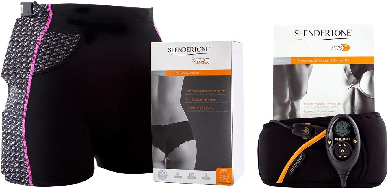 Slendertone Pack Cinturón Abs7 y Pantalones Cortos para Gluteos Electroestimulacion, Unisex-Adult, Negro, 69-119cm, 34-40