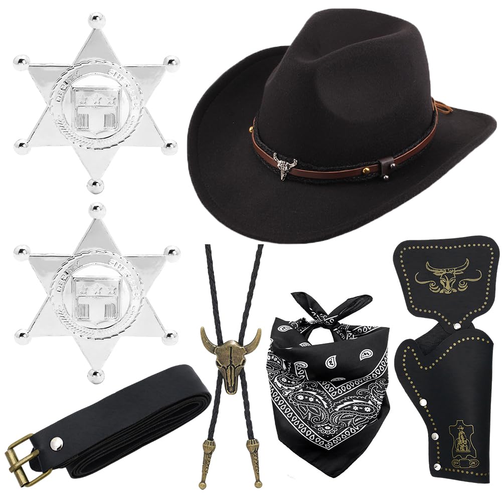 Cowboy Costume, 7PCS Western Cowboy Fancy Dress Accessories Set with Hat Bandanna Holster Belt Necklace Badge Classic Western Cowboys Hat Cowboys Cosplay Costume for Adult Carnival Halloween(Black)