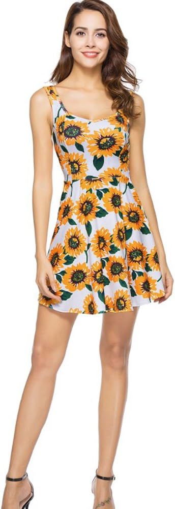 Women Summer Dresses Sunflower Sleeveless Vintage Bohemian Yellow Skirts Midi