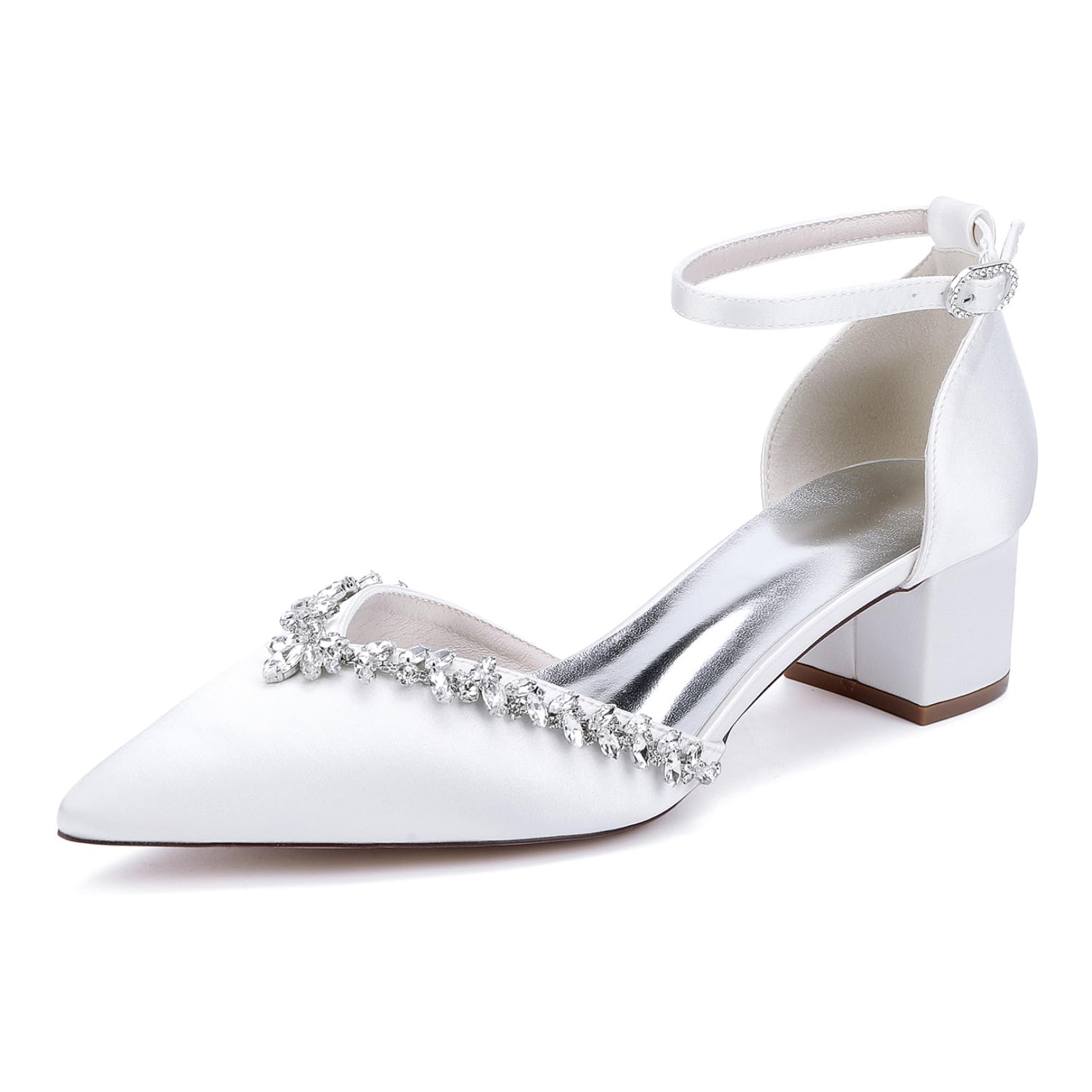 Mujer Tacón Gruesos Medio Zapatos De Novia Correa Al Tobillo Zapatillas De Vestir con Diamantes De Imitación Puntera Puntiaguda Zapatos De Fiesta De Graduación De Boda