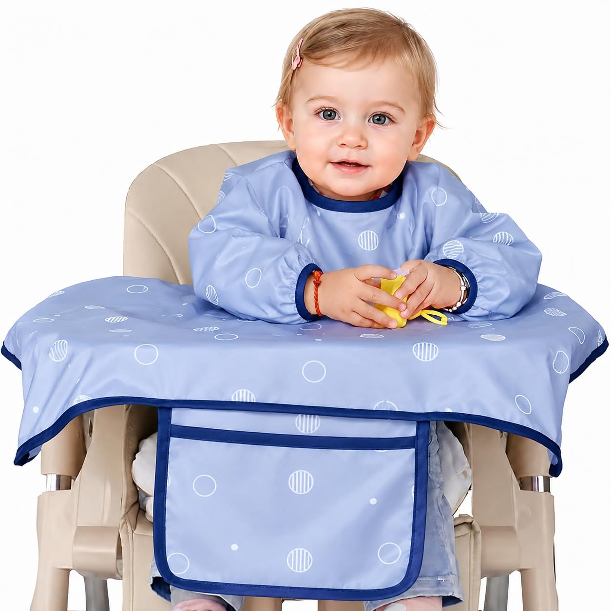 Long Sleeve Baby Feeding Bib Waterproof Apron, Coverall Weaning Smock with Food Catcher Pocket, Attaches to Highchair & Table, Washable Reusable Toddler Bib, 6-36 Months（Blue）-image-42