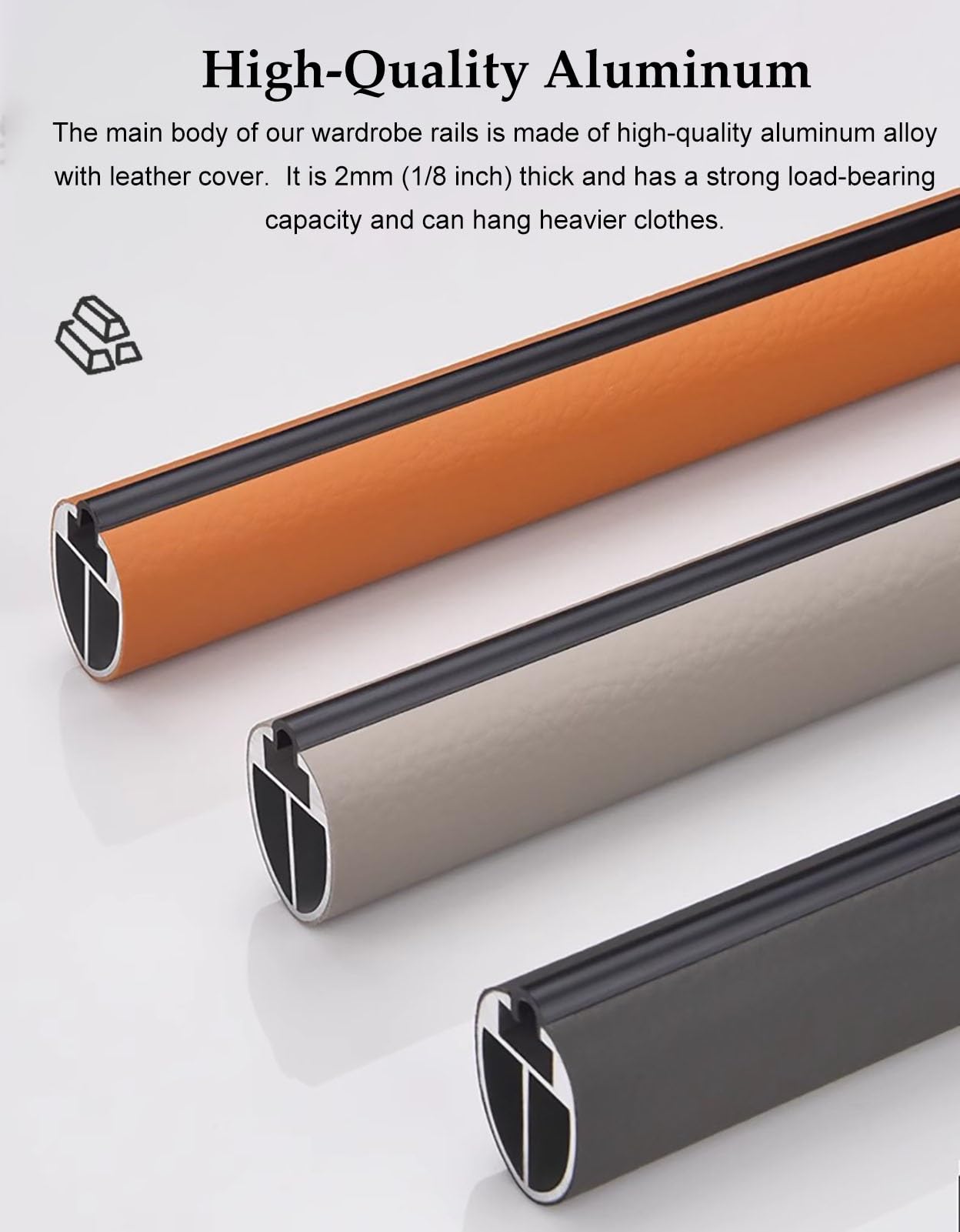 Aluminiowy drążek do szafy ze skórzaną osłoną, oszczędność miejsca, 60 cm drążek do zawieszania i owalny wieszak na ubrania z podpórkami końcowymi do organizacji garderoby w sypialni, kolor B