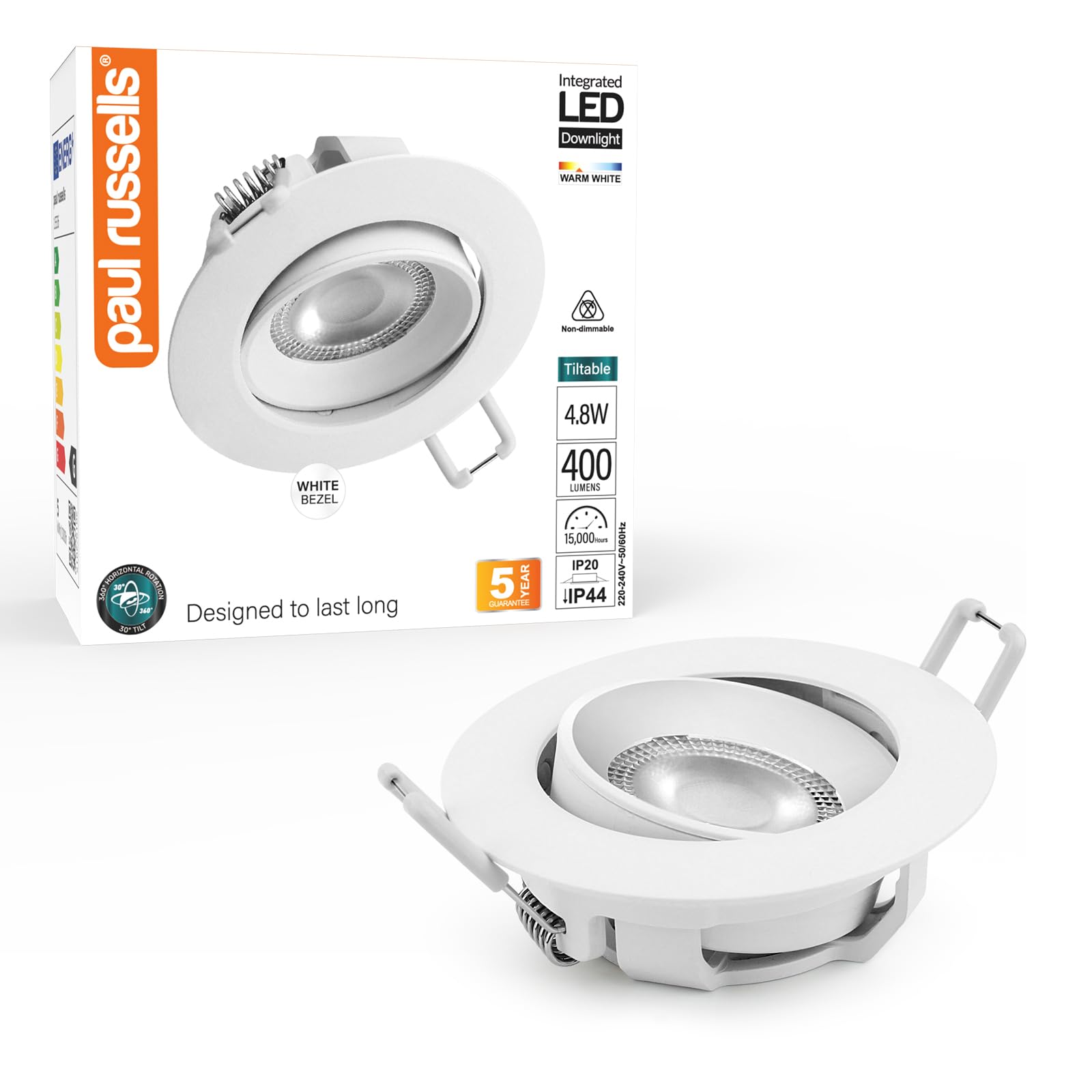 Paul Russells Warm White Led Recessed Ceiling Downlight, 3000K 4.8W 390Lm Cutout 68-74Mm Round White, Ip44, Adjustable Tilt (Not Dimmable) 38° Spotlight For Kitchen, Bathroom, Bedroom, Hallway Lights - 1 Pack