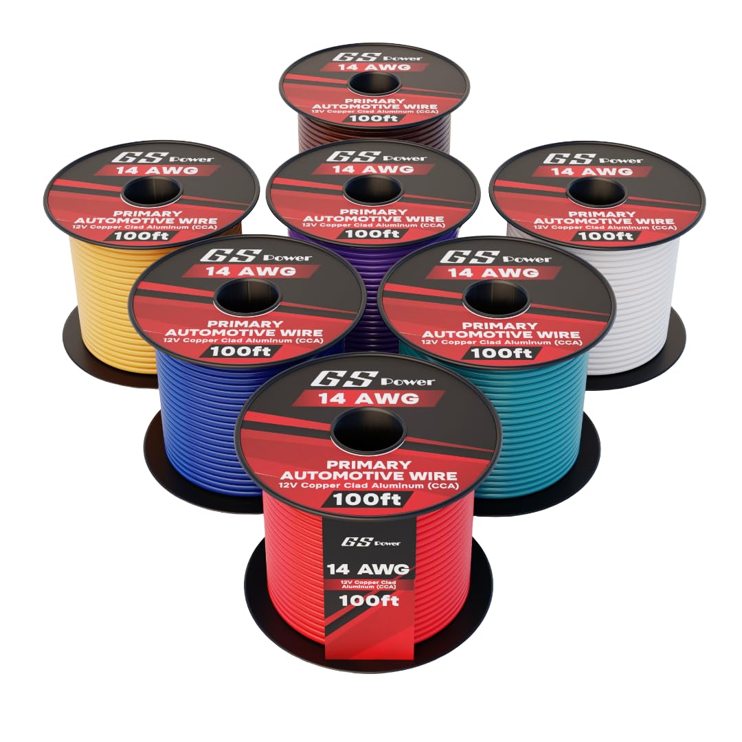 GS Power 700ft CCA 14 Gauge Wire Automotive, 100ft Spool, 7 Colors, 14 AWG 12v, Speaker Electrical Wire Low Voltage Primary for Car Stereo Audio Trailer Harness Hookup Wiring DIY
