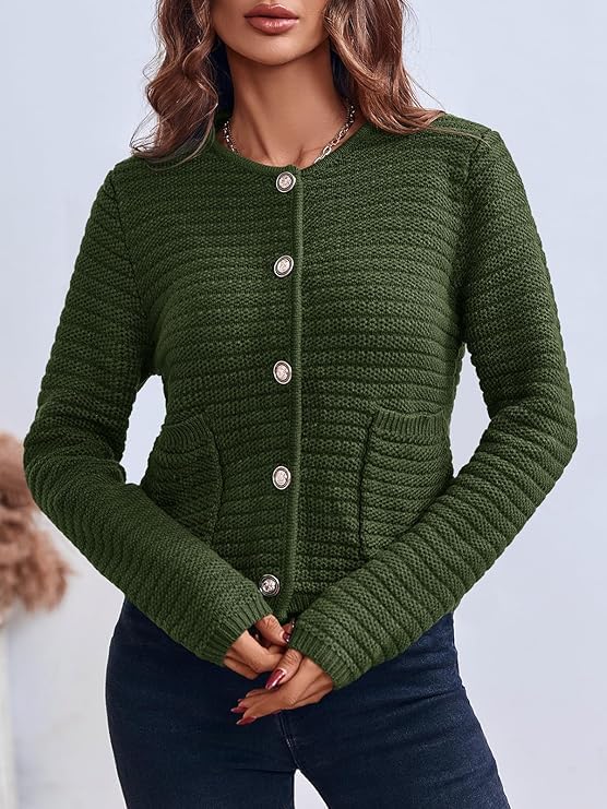 Saodimallsu Damen Kurz Strickjacke Langarm Cardigan Rundhalsausschnitt Knopfleiste Strickweste Vintage Trachtenjacke Elegante Oberteil mit Taschen Grün M