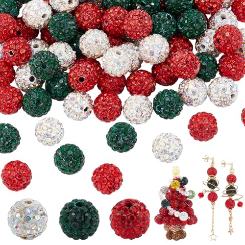 PH PandaHall 120pcs Christmas Beads 10mm Rhinestone Crystal Beads 3 Colors Pave Disco Ball Bead Polymer Clay Craft Bead for Xmas Party Decoration Jewellery Making DIY Craft