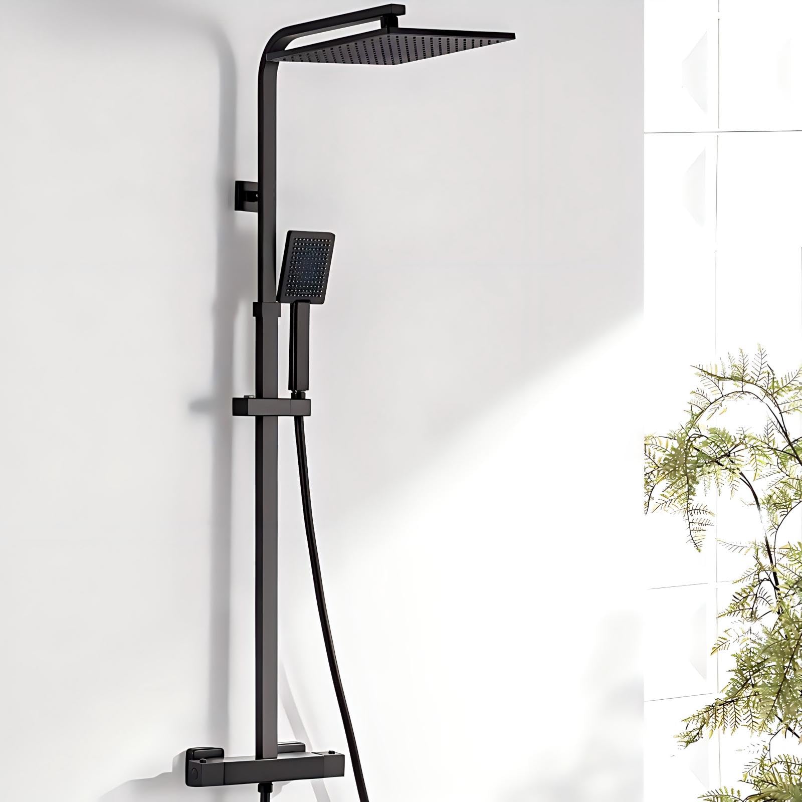 Auralum Regendusche Komplettset mit Thermostat, Duschsystem Schwarz, Duschgarnitur Messing Armatur, Quadratische Regendusche 25x25cm, Duschkopf 8x8cm, Edelstahl Duschstangen Höhenverstellbar 82-125cm