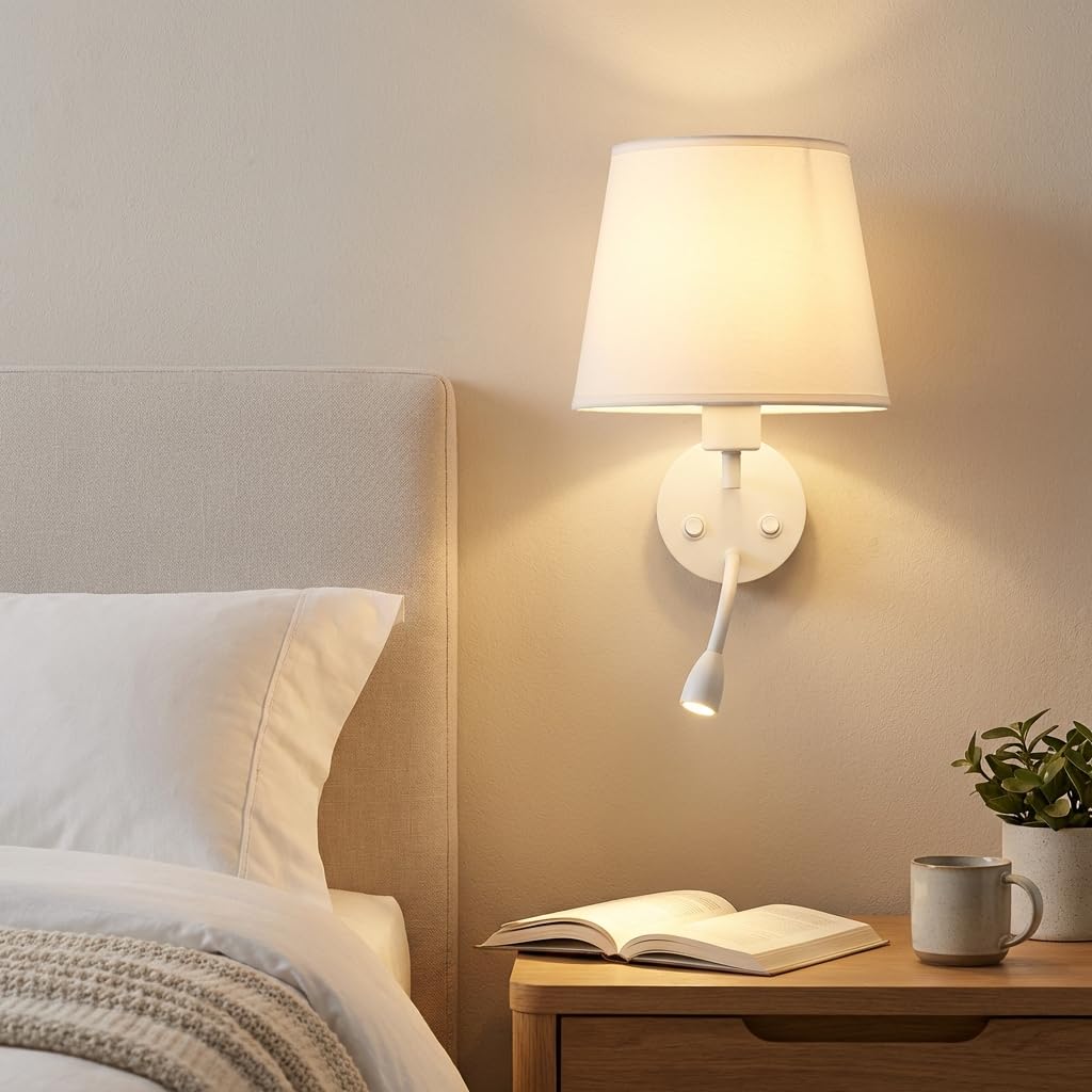 BARCELONA LED Grande Applique Murale LED avec Abat-jour Tissu Blanc et Spot Lecture Flexible 3W Double Lumière E27, Lampe Tête de Lit Chambre, Style Moderne Vintage Industriel Intérieur IP20